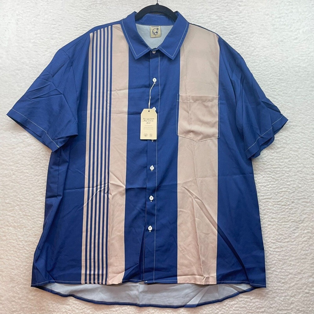 Hardaddy Shirt Mens Extra Large Blue Beige Button Down Hawaiian Striped Bowling